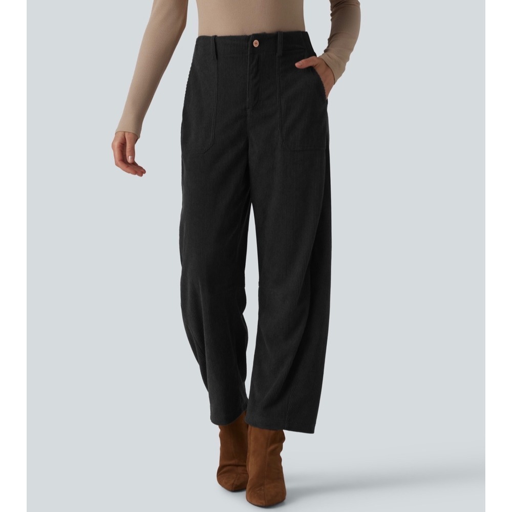 Halara Corduroy High Waisted Barrel Leg Work Pants Pockets Black Medium NWT